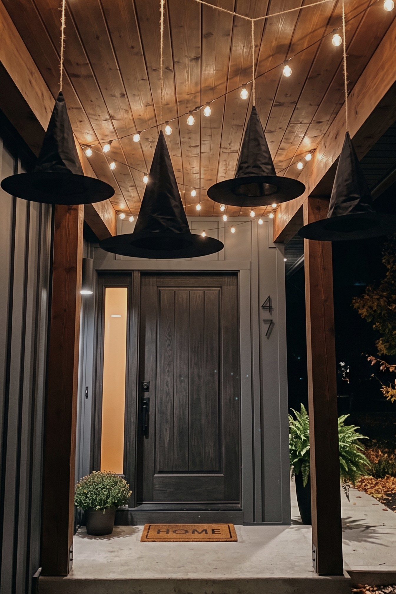 Hanging Witch Hats Over the Porch