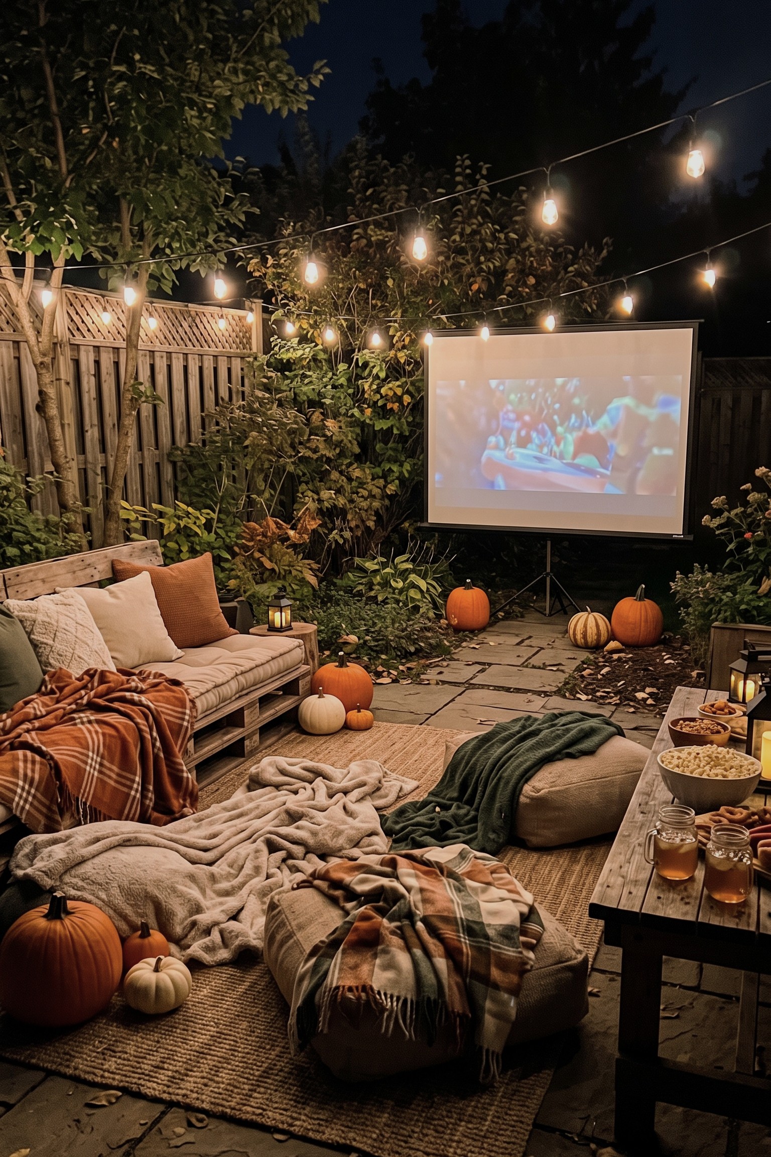 Finished backyard Halloween movie night with projector, cozy seating, pumpkins, string lights, and snacks