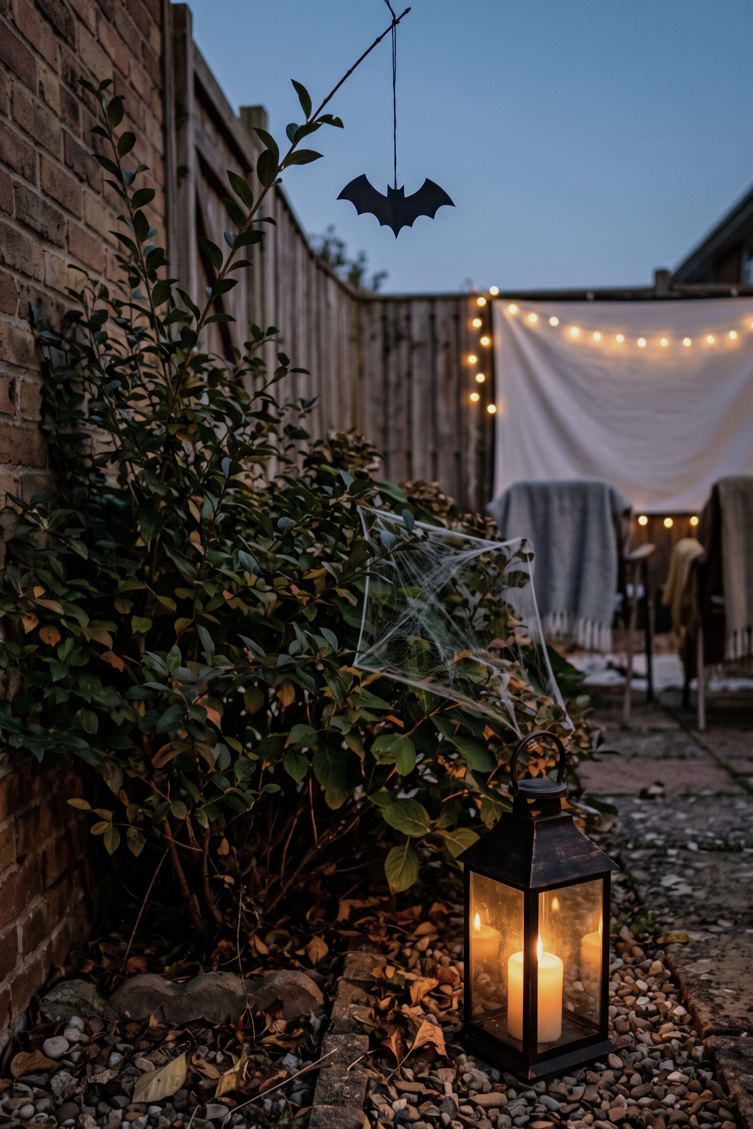 Backyard Halloween decorations with hanging bats, pumpkins, lanterns, and subtle spider webs