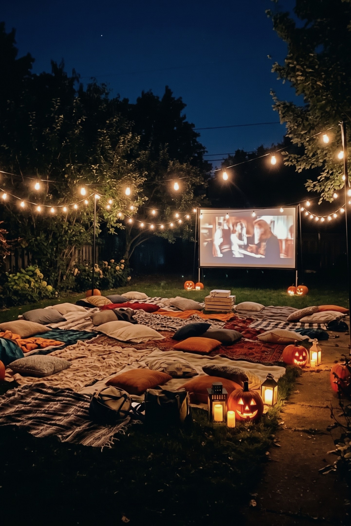 Wide final view of a cozy Halloween backyard cinema at night with guests, blankets, pumpkins, lights, and movie screen