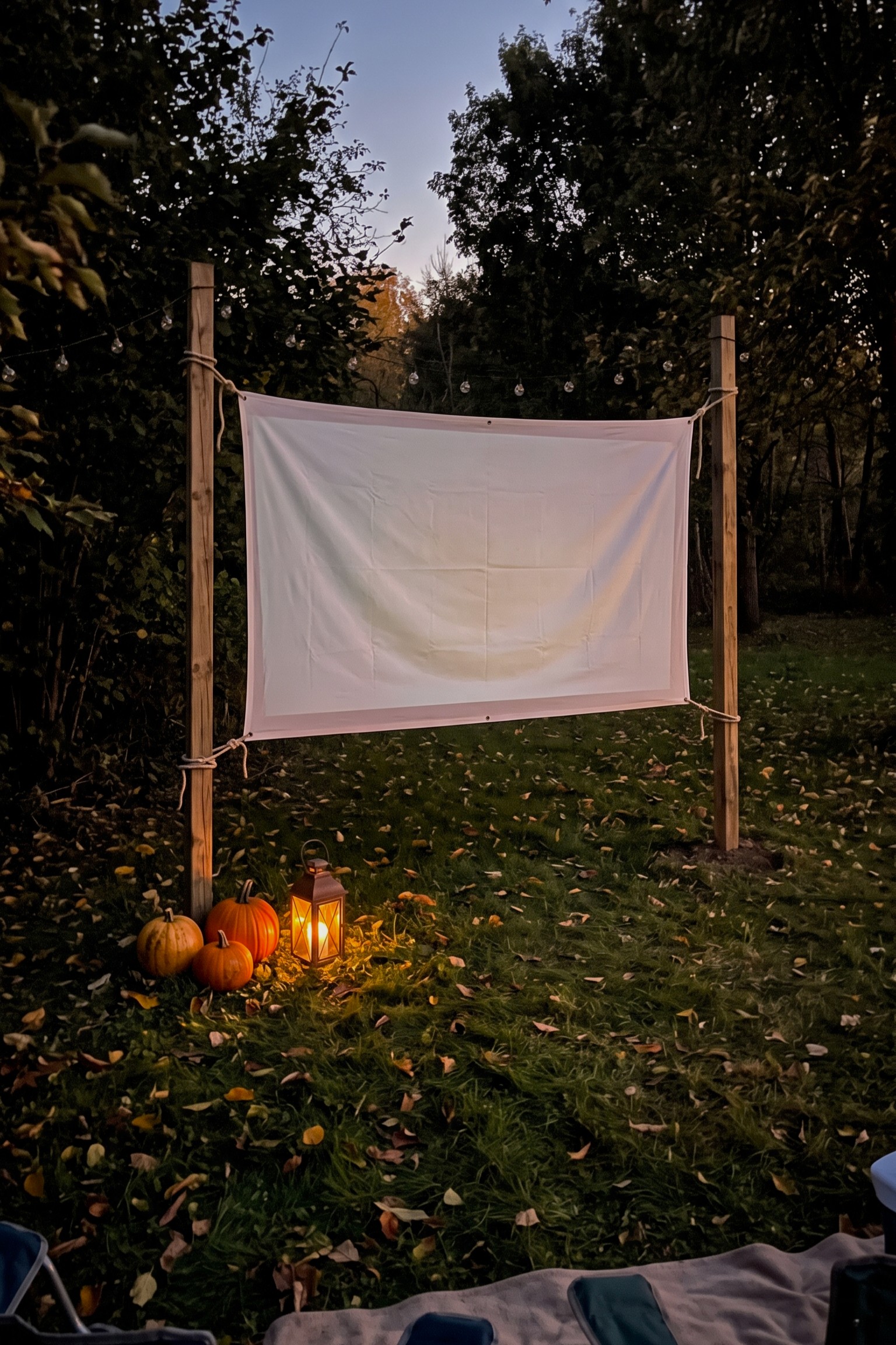 White outdoor movie screen set up in a backyard with Halloween decorations around it