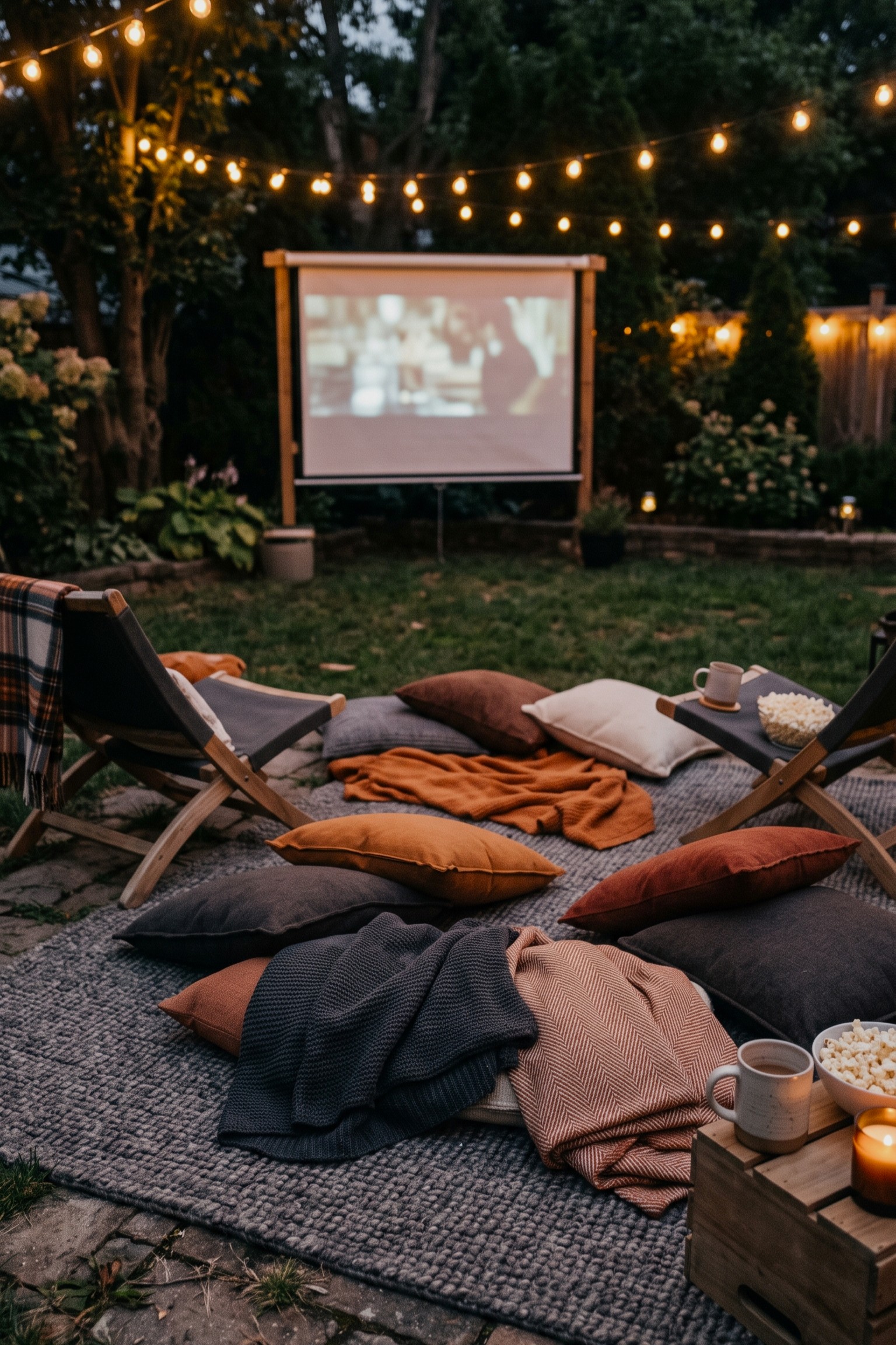 Cozy outdoor seating area with blankets, pillows, floor cushions, and Halloween decorations