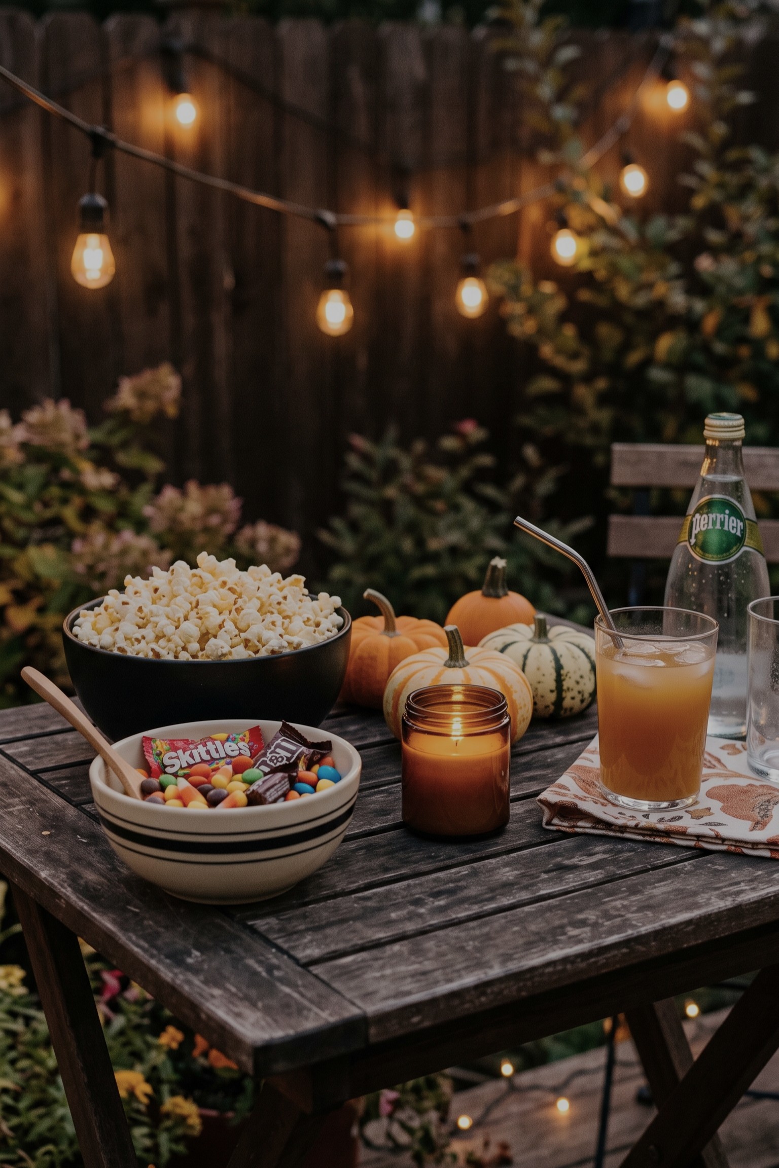 Halloween outdoor snack table with popcorn, candy, drinks, pumpkins, and candles